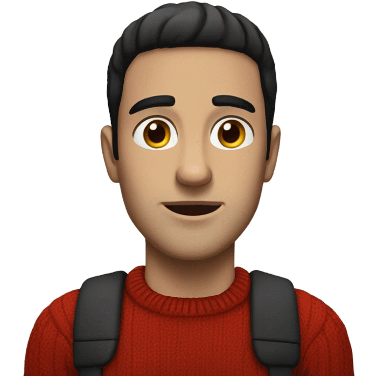 A white man with black hair and hazel eyes and a red jumper emoji