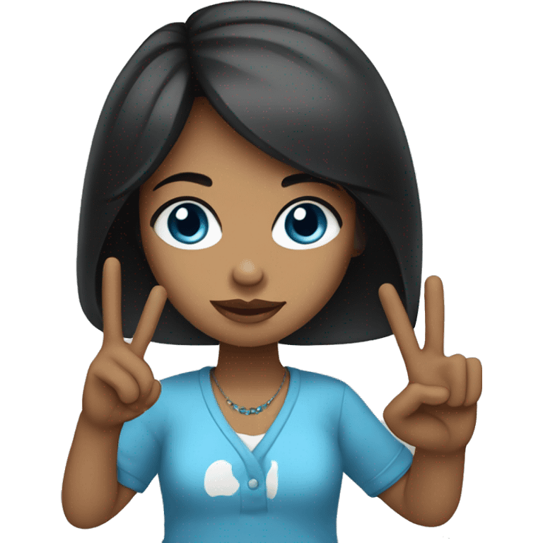 Blac hair blue eyes girl holding peace sign emoji