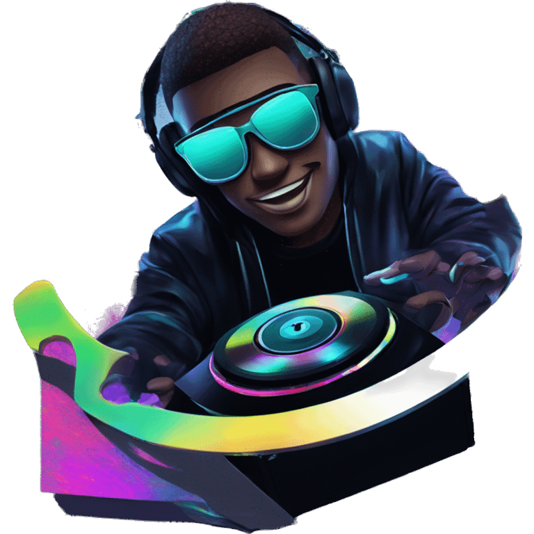 A dj wearing sunglasses playing music holding a cd record record, vinyl, oilslick holographic blacklight inverted graffiti dark dull emoji