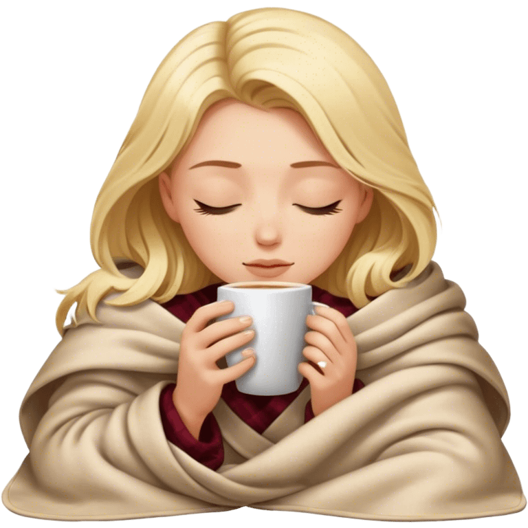 blonde girl inside a blanket sipping coffee eyes closed emoji