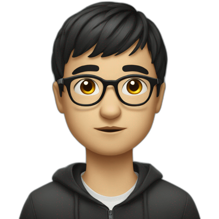 Russian boy in glasses with short black bangs wearing glasses and a stupid look emoji