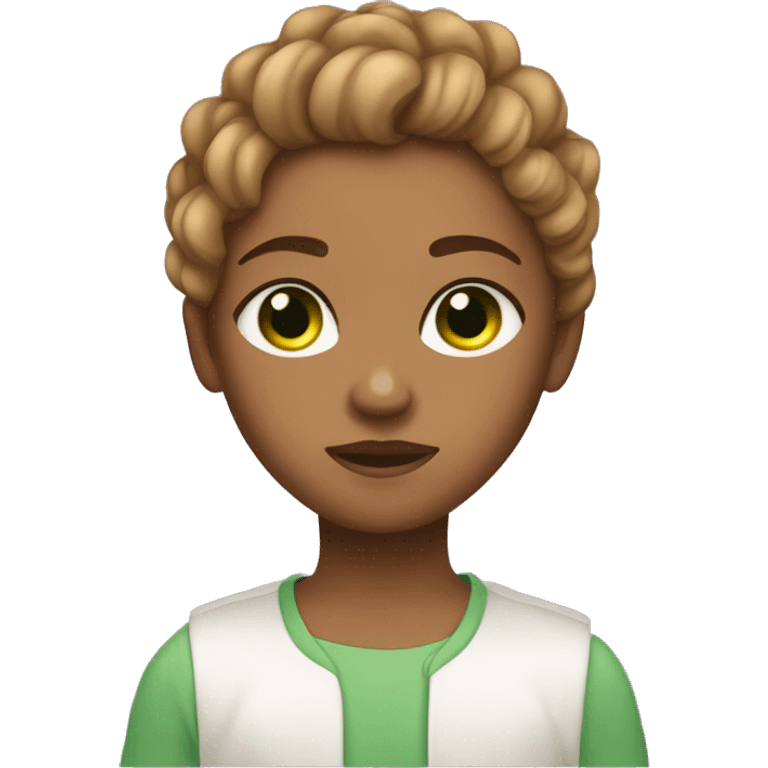 A girl with broken hair and eyes, in love with a light skin, light brown hair, green and Bron eyes, litle bold boy emoji