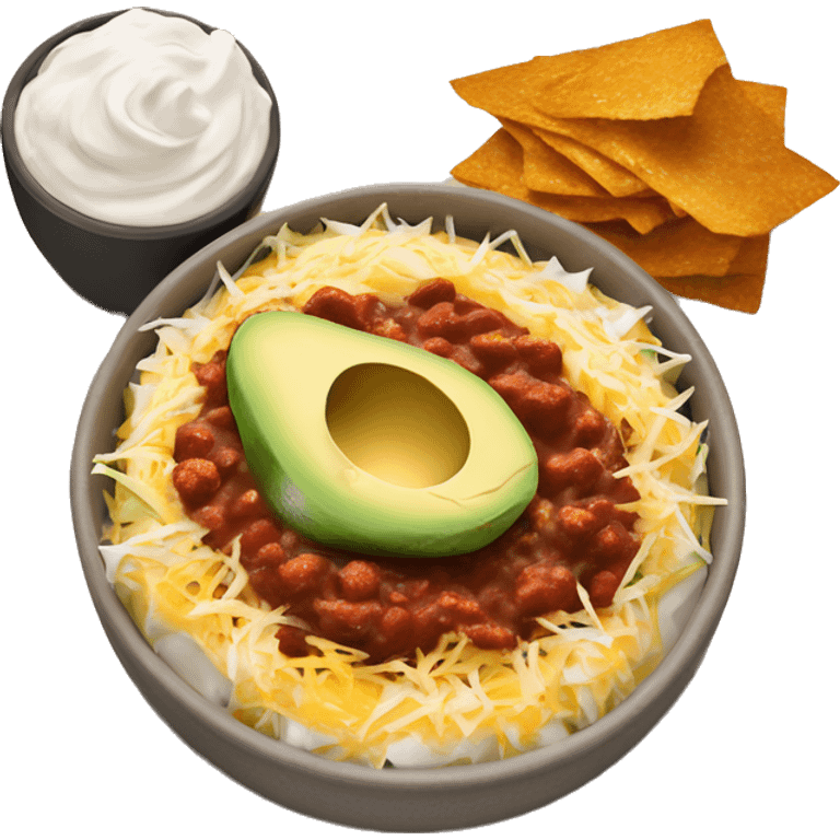 Bowl of chili with shredded cheese, sour cream and avocado on top  emoji