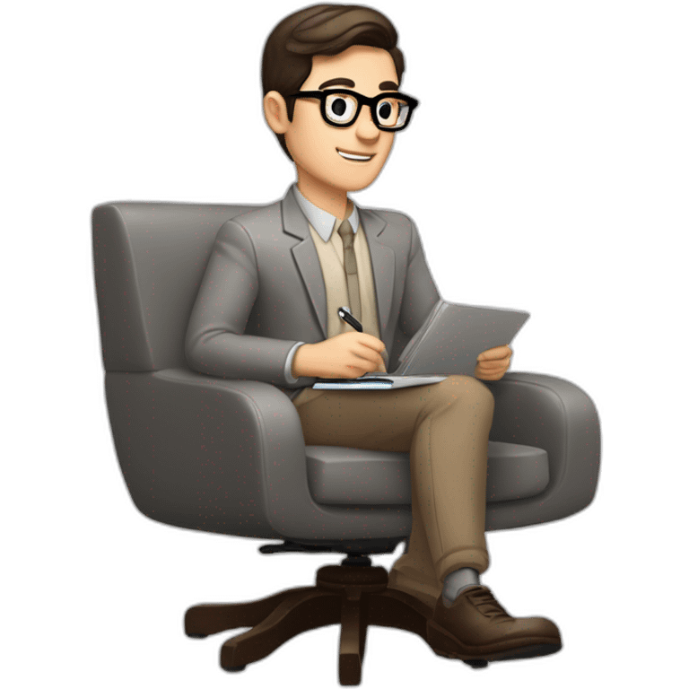 Pale skinned Fit Man With dark brown hair in gray jacket, beige office shirt and vintage glasses sitting In a soft chair with a notebook with emblem Ψ and a pen in his hands emoji