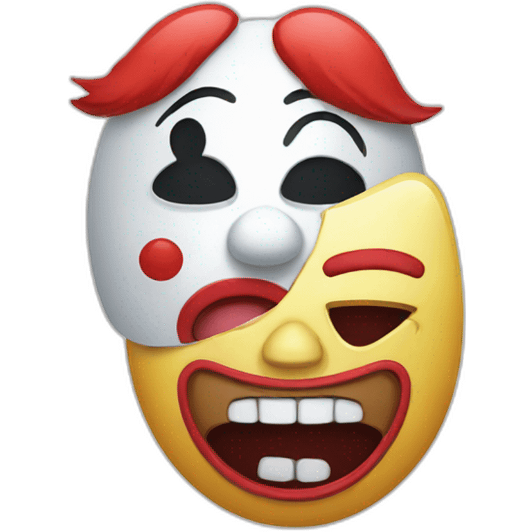 crying emoji with clown emoji mask in hand emoji