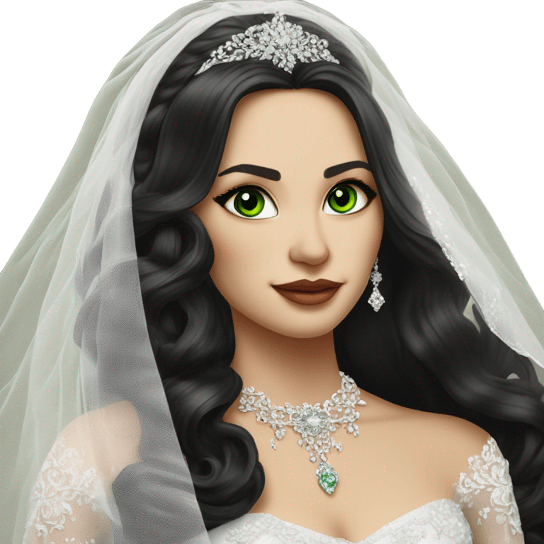 Hyper Realistic ornate ballgown long sleeve Wedding dress with diamanté on Russian bride with light skin and green eyes and long black hair with veil hyper realistic  emoji