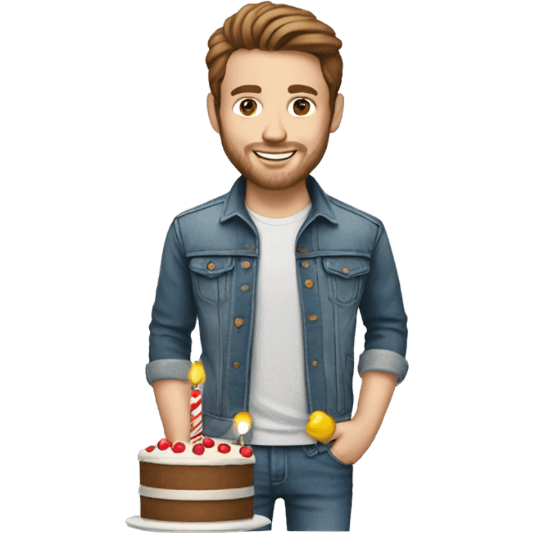 White man brown hair jeans jacket with birthday cake emoji