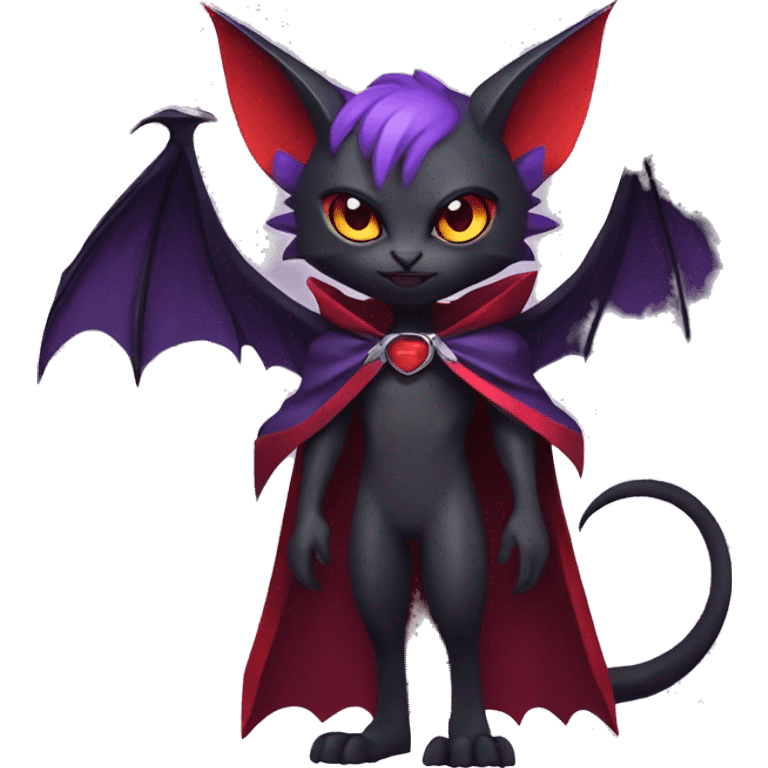  Black Red Purple Kawaii Edgy Cool Vampiric Demonic Beautiful Noivern-Nargacuga-Litten with big Bat Ears and wearing a cape and collar full body emoji