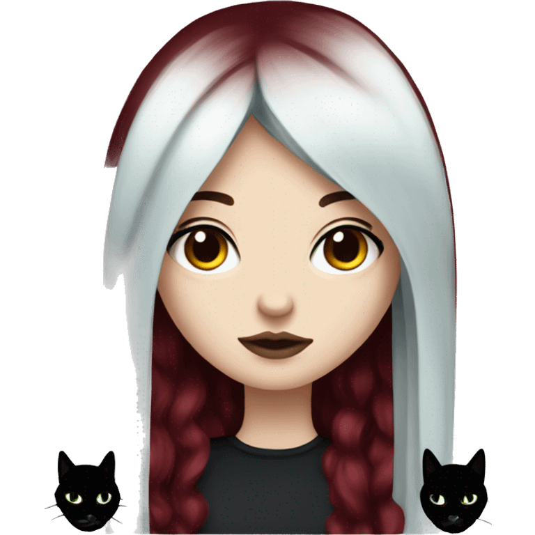 Pale girl with black eyeshadow and long burgundy red colored hair with an emo haircut and layered holding a black cat emoji