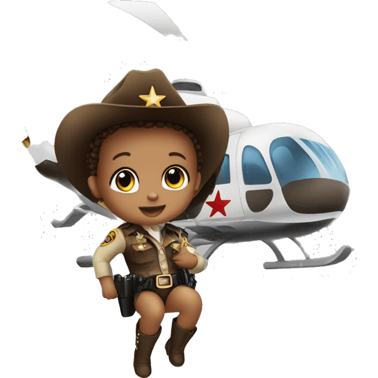 Baby girl dressed as a sheriff hanging off a helicopter  emoji