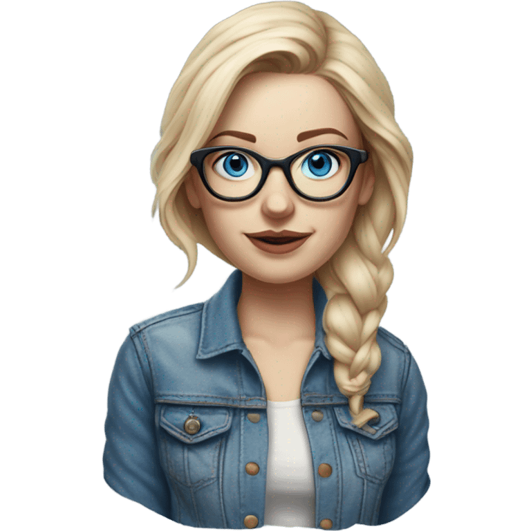 Hyper Realistic pale beautiful tattooed woman with glasses and blue eyes wearing denim jacket emoji