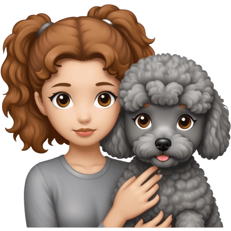 A girl with caramel brown ponytail holding a grey poodle emoji