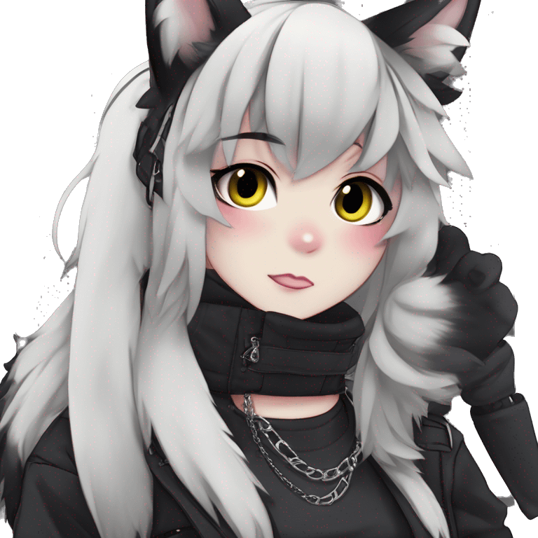 Gorgeous furry gothic dark techwear anime style anthro black cat furry sona Fakemon with blushing face aesthetic and pretty edgy black with collar and harness trending style chains cargo pants tomboy emoji