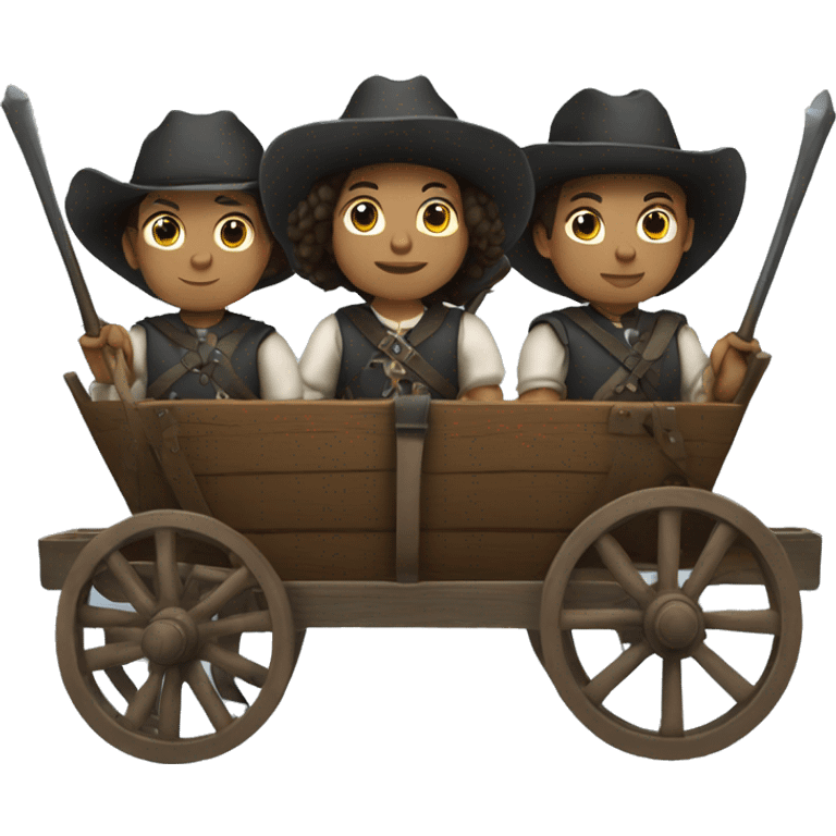 four musketeers driving a wagon, no weapons, racial mix, male & female emoji