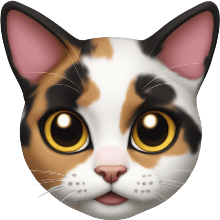 curious calico cat with pink nose, Mostly black markings on her head,gazing forward emoji