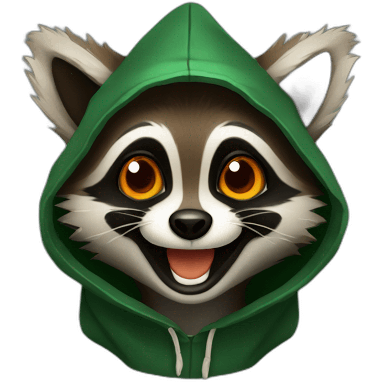 a small brown raccoon with orange eyes and a dark green hood that is laughing emoji