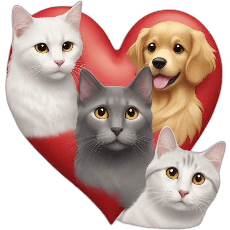 A Golden retriever, a white cat, and a gray cat in a red heart emoji