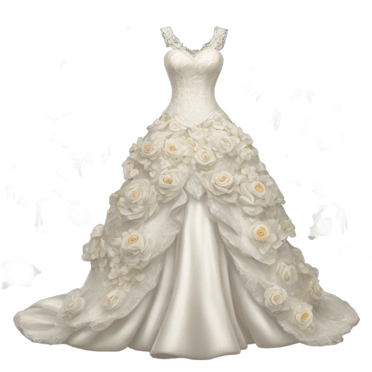 Hyper Realistic ornate Wedding dress displays  with flowers  emoji