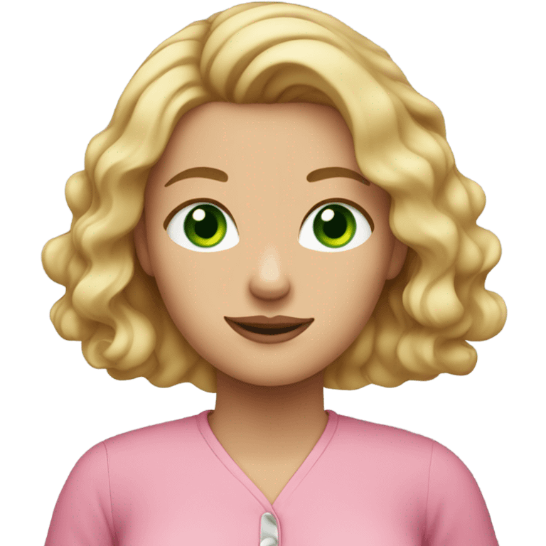 Woman with wavy blonde hair, green eyes, and freckles. Wearing pink shirt emoji