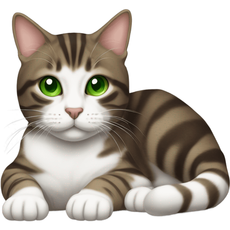 Dark brown and white Tabby Cat laying on the side with green eyes emoji