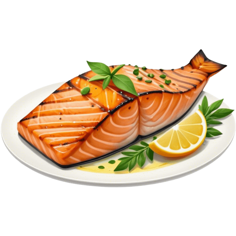 Cinematic perfectly grilled salmon, rich orange hues with crispy skin, garnished with fresh herbs, drizzled with lemon, ultra-detailed and delicious. emoji