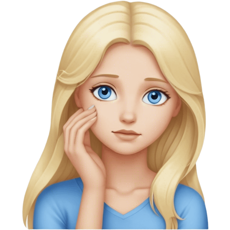 Long blonde haired blue eyed woman with soft gaze head resting on left hand  emoji