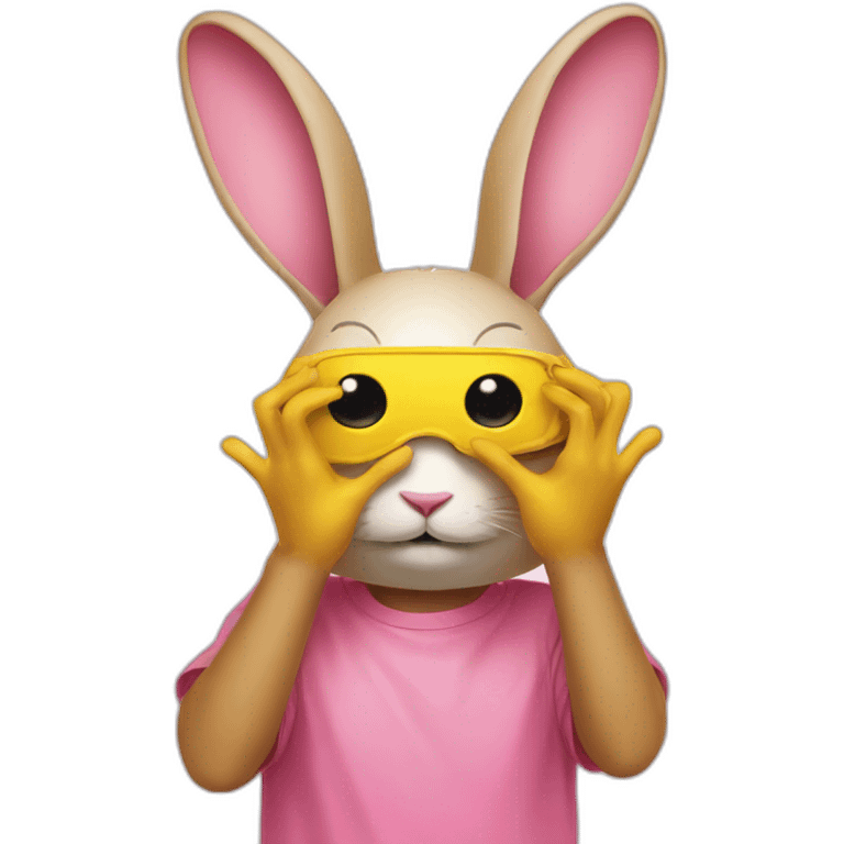 rabbit pink hands over eyes, wears teeshirt yellow emoji