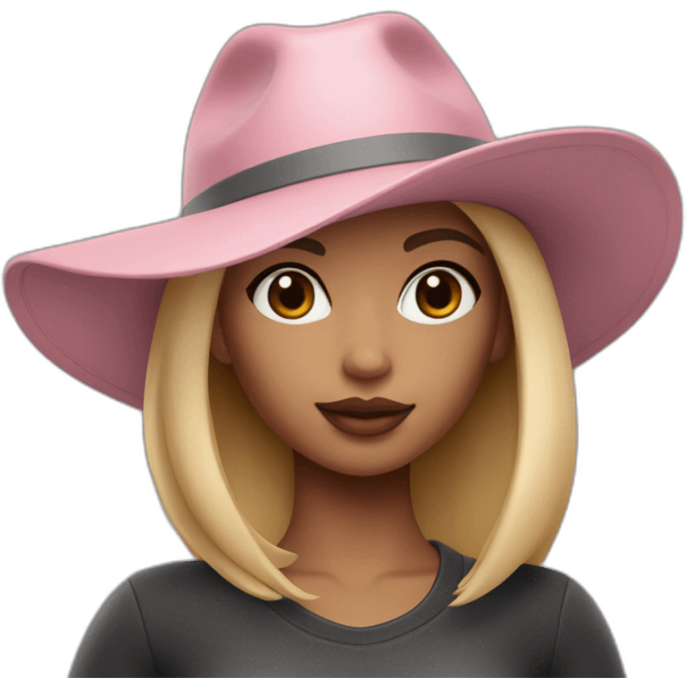 memoji stylish girl with blonde hair in a gradient with plump lips of soft pink color with wide eyebrows of dark gray color in a Prado brand hat. emoji