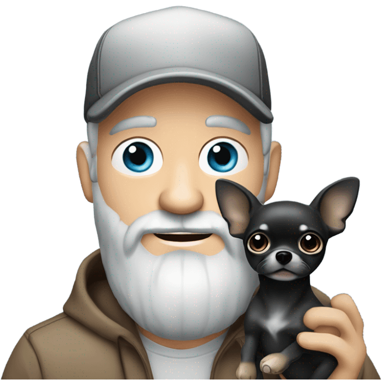 Handsome blue eyed man, with grey hair,  and grey goatee beard, wearing ball cap, holding ‘a black long hair chihuahua’ emoji