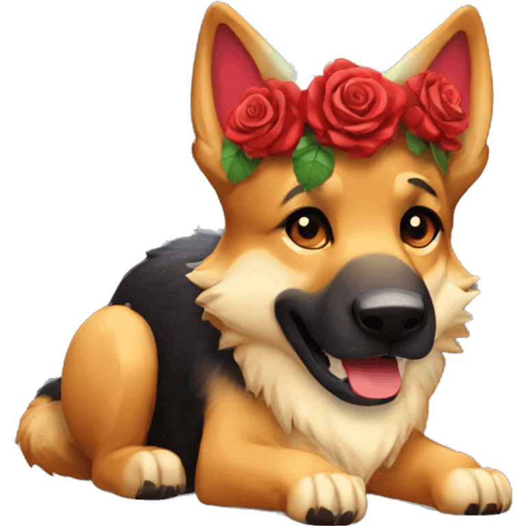 Brindled German shepherd fox carrying glowing red lantern, fairy lights, rose flower crown emoji