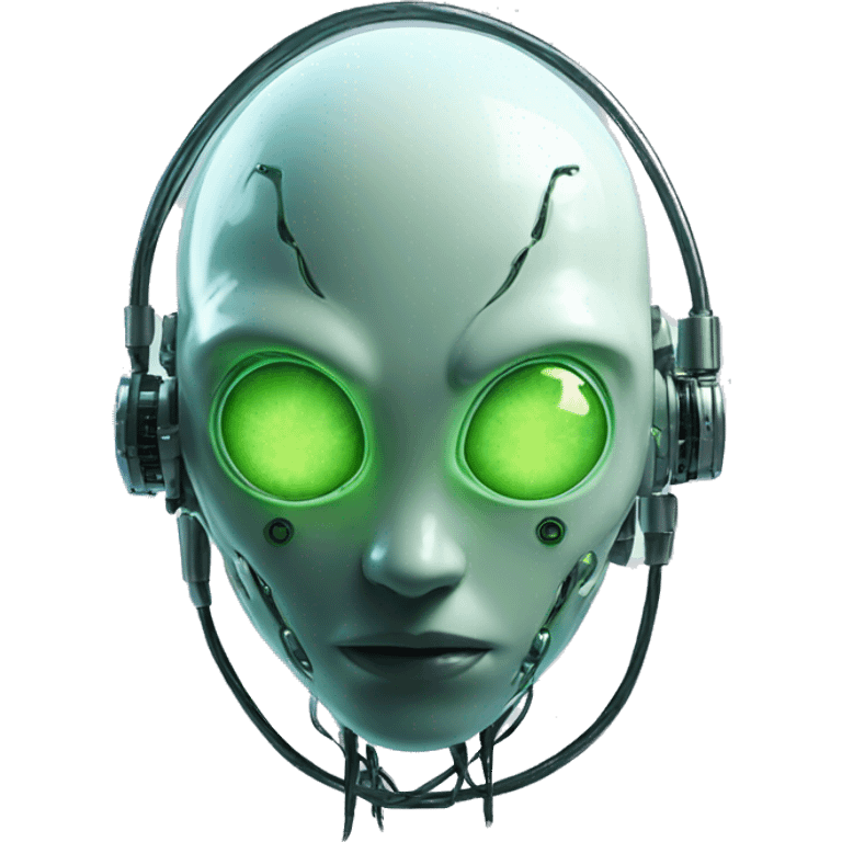 Round Alien cyborg head with glowing wires and green eyes  emoji