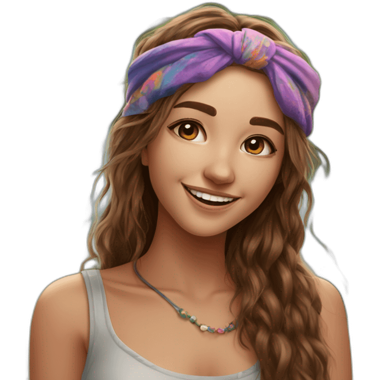 1girl, (hippie), brown hair,music festival, messy, ((high saturation)), ((best quality)), ((masterpiece)), ((realistic)), (detailed) chill, smile, polish girl, headband, looking to the side, emoji