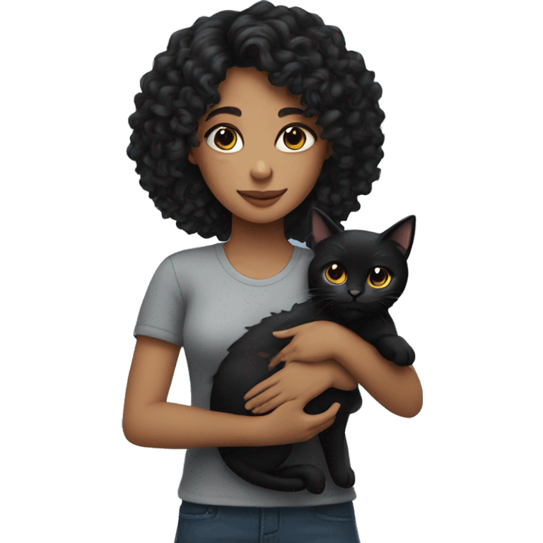 a girl with curly black hair. She has a black cat in her arms emoji