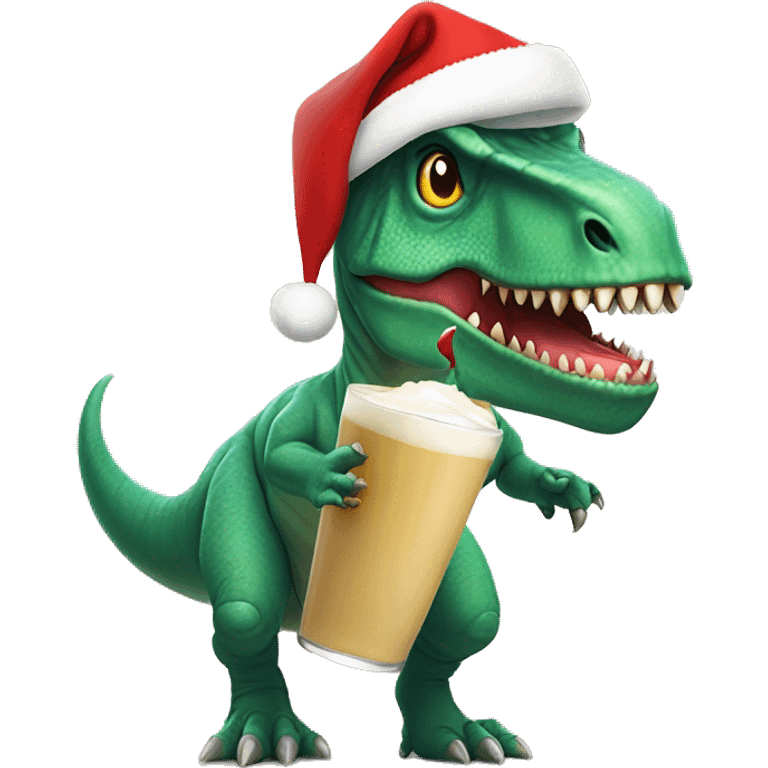 T-Rex with a Santa hat holding a glass of eggnog  emoji