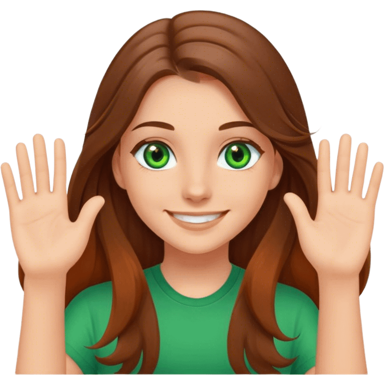 smiling girl with long brown hair, middle hair split, waving, green eyes, orange shirt emoji