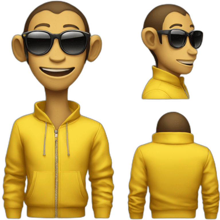 generate monky cool jumpsuit, sunglasses, side smile, yellow sweater, emoji