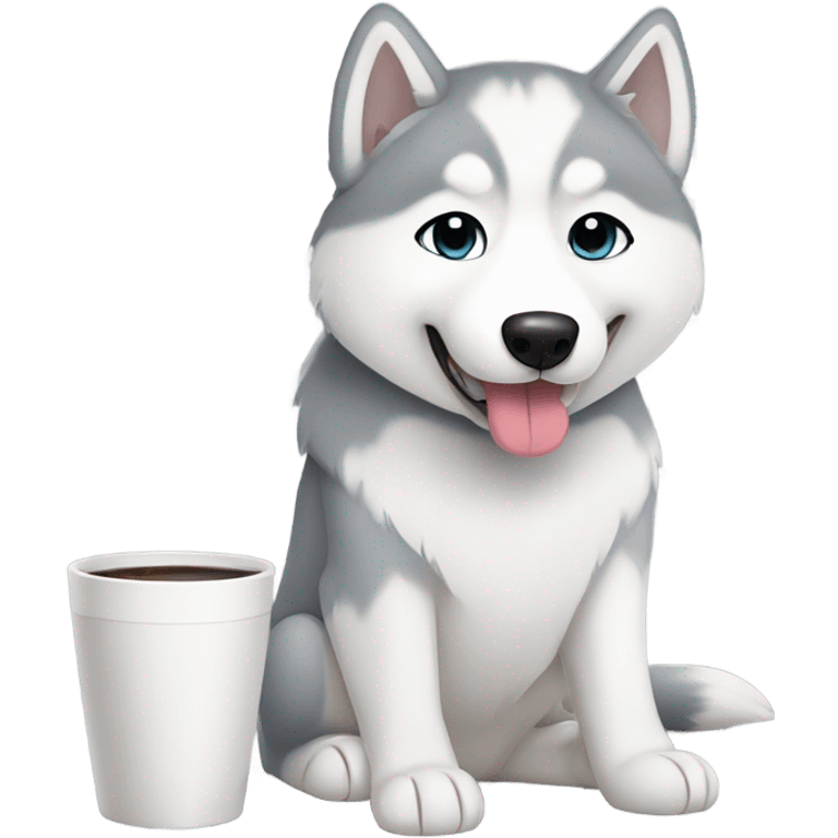 kawaii white and grey siberian husky taking coffee emoji