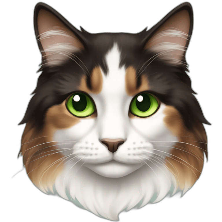 staring longhaired dark brown and white calico cat with green eyes emoji