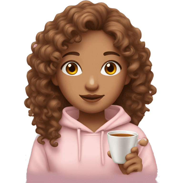 cute brown curlyhaired girl in light pink hoodie with cup of tea emoji