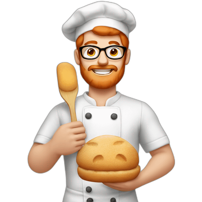 a redhead man eating bread dressed as a baker wearing glasses emoji