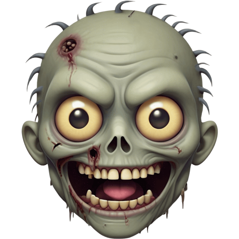 Cinematic Comical Zombie Portrait Emoji, with a grotesquely exaggerated yet playful decaying face in muted ashen tones, head cocked in a dramatically shocked expression with wildly comical, googly eyes and a gaping, silly grin revealing quirky stitches, simplified yet hilariously expressive, highly detailed with a soft eerie glowing outline capturing the absurd humor of a zombie in comic disbelief! emoji