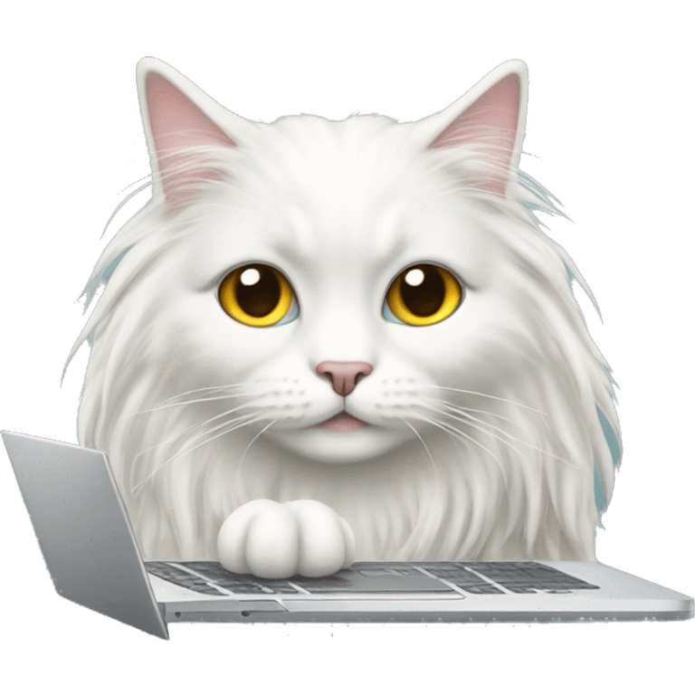 White long haired cat in front of a laptop emoji