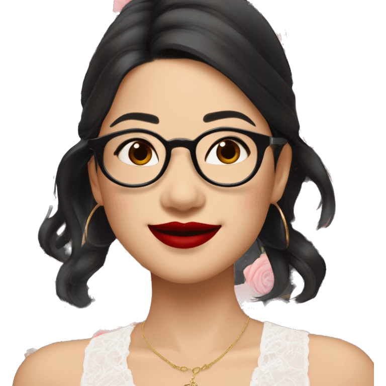 Asian girl, smiling with teeth and dimples on the cheeks, fair skin, black long hair, black eyes, black glasses with gold frames, red lipstick, wearing a white lace tank top and a black office jacket on top, with pink and red roses around her emoji