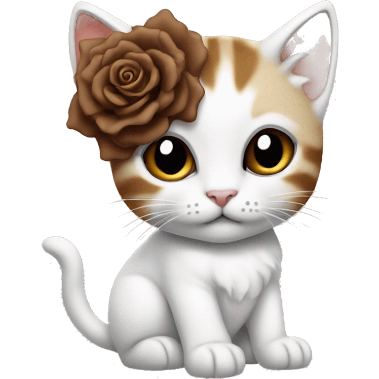 Kitten with brown gears all white with a rose and a bow, in the ear emoji