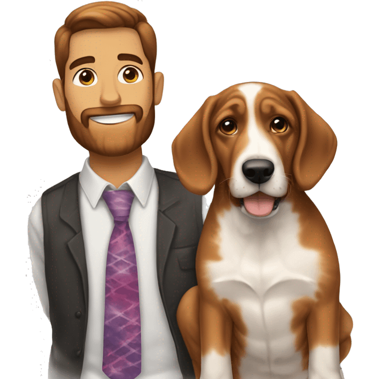 White male with short dark brown hair and reddish brown beard wearing a tie-dyed shirt holding one mostly brown Bassett hound female puppy  emoji