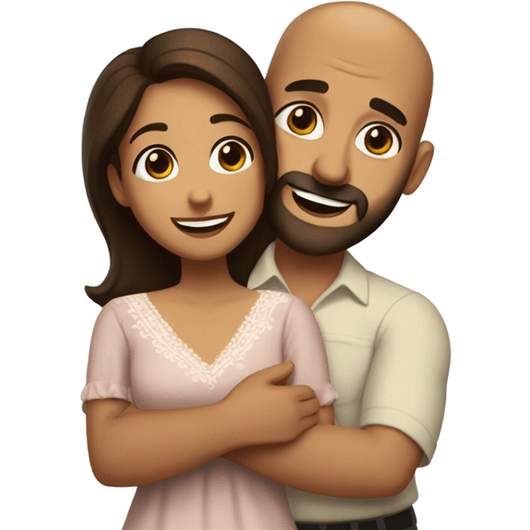 Brown-haired Puerto Rican woman with dark brown eyes wearing a cute blouse giving a comforting hug to a short, bald man with brown eyes, laugh lines, and a beard emoji