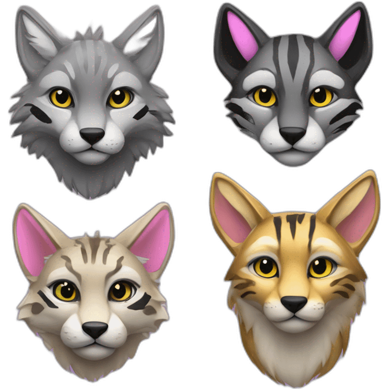 Coyote with grey and black fur, neon lights, ocelot with pink ears, clouded leopard, ocelot coyote hybrid with Phoenix wings emoji