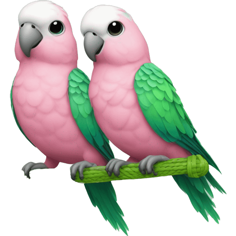 2 Pink parakeets with green wicker ball emoji