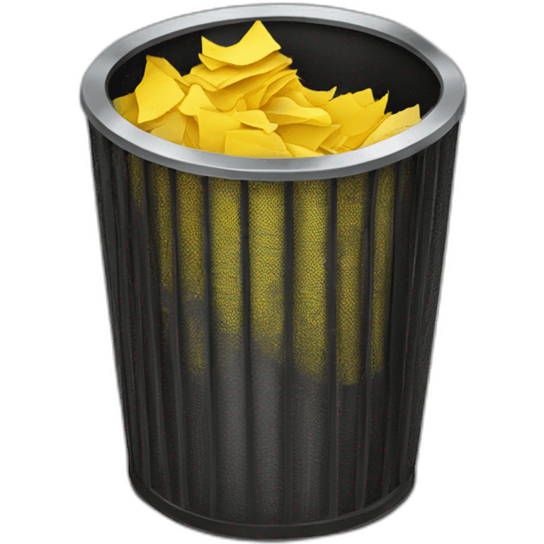 black mesh metal dustbin filled with yellow crumbled papers emoji