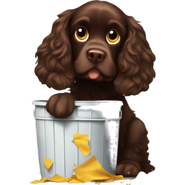 Chocolate brown cocker spaniel stealing rubbish from the dust bin and making a mess emoji